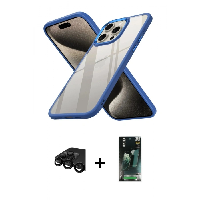 MARSİLYAN™- iPhone 15 Pro Kılıf Nova Işık Serisi - Siyah 360 Mat Full Body Arka Koruyucu + Raze Metal Kamera Lens - SH