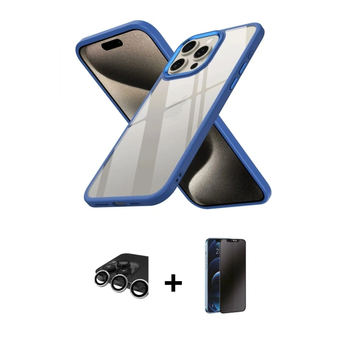 MARSİLYAN™- iPhone 15 Pro Kılıf Nova Işık Serisi - Siyah 3D Antistatik Hayalet Cam Ekran Koruyucu + Raze Metal Kamera Lens - GS