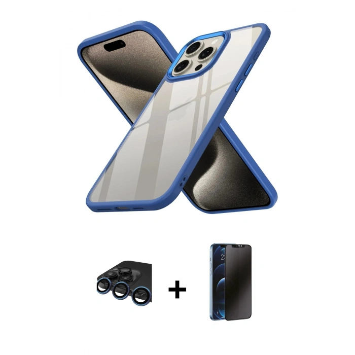 MARSİLYAN™- iPhone 15 Pro Kılıf Nova Işık Serisi - Siyah 3D Antistatik Hayalet Cam Ekran Koruyucu + Raze Metal Kamera Lens - LT