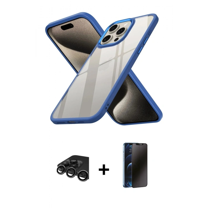 MARSİLYAN™- iPhone 15 Pro Kılıf Nova Işık Serisi - Siyah 3D Antistatik Hayalet Cam Ekran Koruyucu + Raze Metal Kamera Lens - TMGI