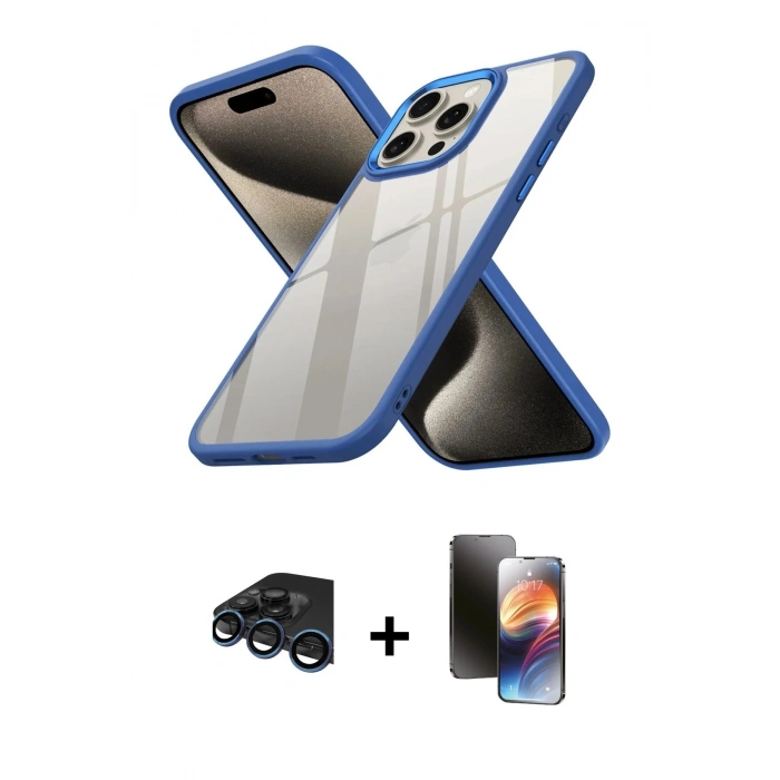 MARSİLYAN™- iPhone 15 Pro Kılıf Nova Işık Serisi - Siyah 3D Antistatik Mat Seramik Nano Ekran Koruyucu + Raze Metal Kamera Lens - LT