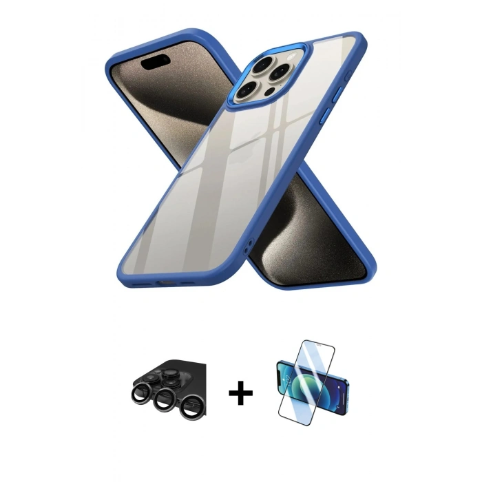 MARSİLYAN™- iPhone 15 Pro Kılıf Nova Işık Serisi - Siyah 3D Antistatik Seramik Nano Ekran Koruyucu + Raze Metal Kamera Lens - TMGI