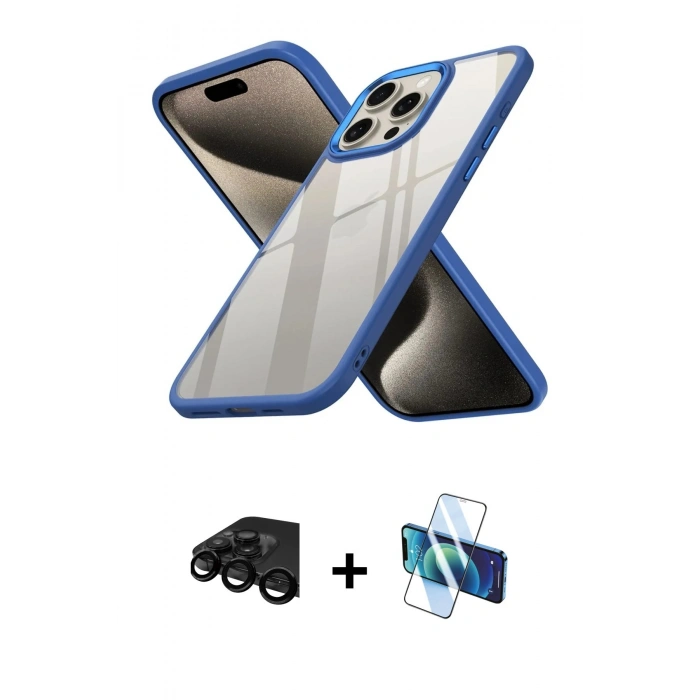 MARSİLYAN™- iPhone 15 Pro Kılıf Nova Işık Serisi - Siyah 3D Antistatik Seramik Nano Ekran Koruyucu + Raze Metal Kamera Lens - SH