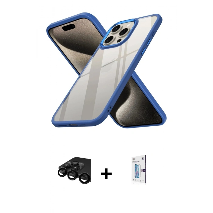 MARSİLYAN™- iPhone 15 Pro Kılıf Nova Işık Serisi - Siyah Bilvis 0.18mm Plus Cam Ekran Koruyucu + Raze Metal Kamera Lens - SH