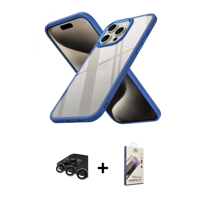 MARSİLYAN™- iPhone 15 Pro Kılıf Nova Işık Serisi - Siyah Bilvis 3D Mat Cam Ekran Koruyucu + Raze Metal Kamera Lens - TMGI