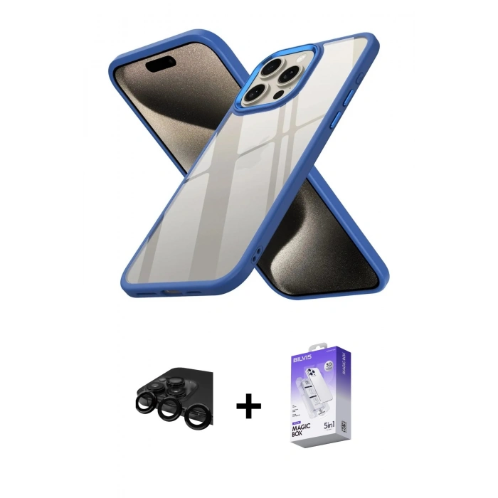 MARSİLYAN™- iPhone 15 Pro Kılıf Nova Işık Serisi - Siyah Bilvis 5in1 3D Magic Cam Ekran Koruyucu + Raze Metal Kamera Lens - SH