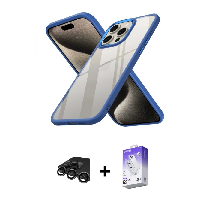 MARSİLYAN™- iPhone 15 Pro Kılıf Nova Işık Serisi - Siyah Bilvis 5in1 3D Magic Cam Ekran Koruyucu + Raze Metal Kamera Lens - TMGI