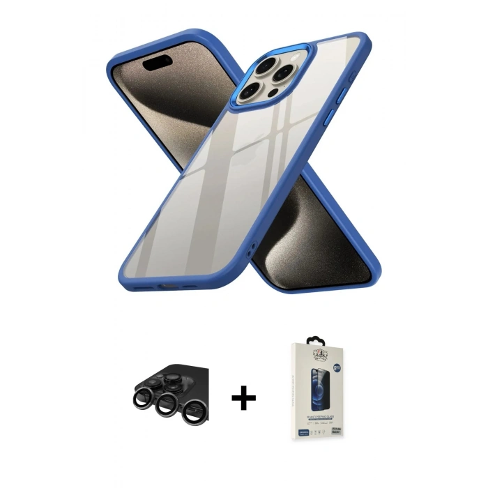 MARSİLYAN™- iPhone 15 Pro Kılıf Nova Işık Serisi - Siyah Bilvis Hayalet Cam Ekran Koruyucu + Raze Metal Kamera Lens - TMGI