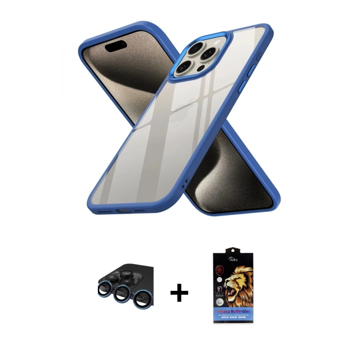 MARSİLYAN™- iPhone 15 Pro Kılıf Nova Işık Serisi - Siyah Buffer Hayalet Cam Ekran Koruyucu + Raze Metal Kamera Lens - LT