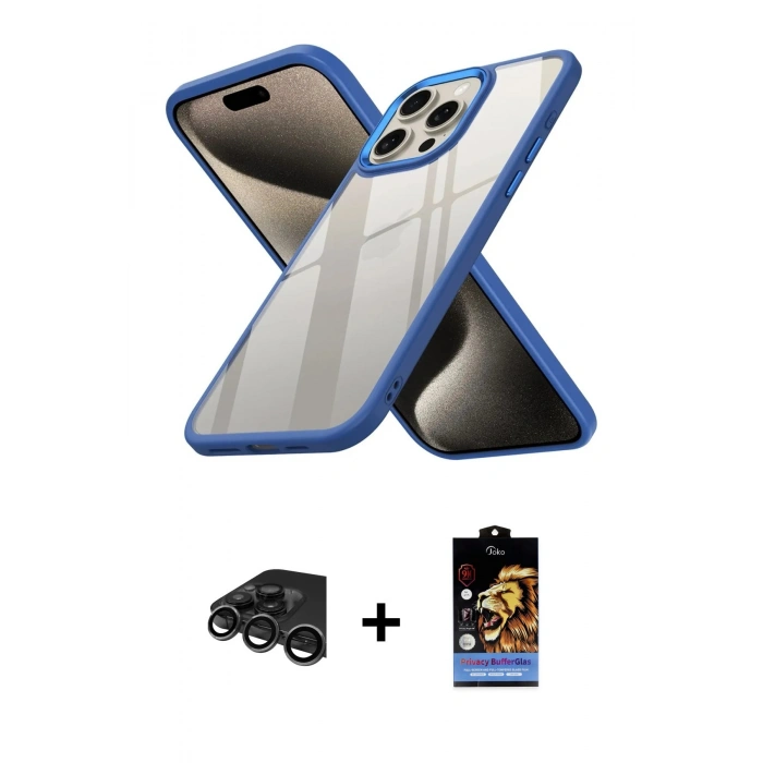 MARSİLYAN™- iPhone 15 Pro Kılıf Nova Işık Serisi - Siyah Buffer Hayalet Cam Ekran Koruyucu + Raze Metal Kamera Lens - TMGI