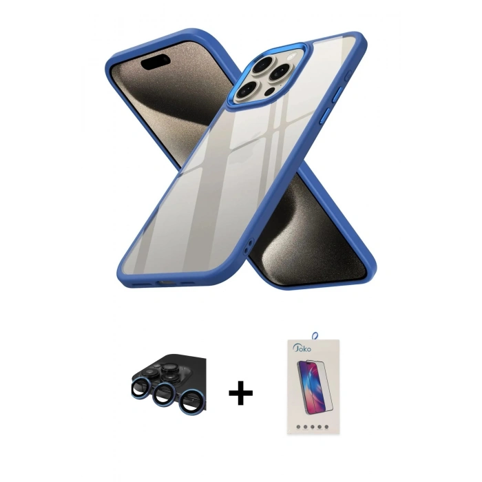 MARSİLYAN™- iPhone 15 Pro Kılıf Nova Işık Serisi - Siyah Joko 5D Cam + Raze Metal Kamera Lens - LT