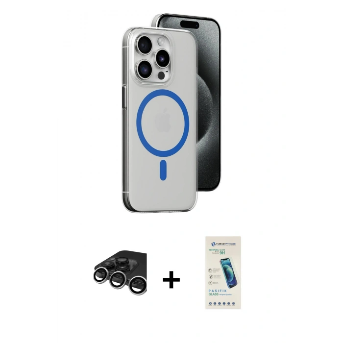 MARSİLYAN™- iPhone 15 Pro Kılıf Odak Form Özel Seri - Şeffaf Pasifik Cam Ekran Koruyucu + Raze Metal Kamera Lens - GS