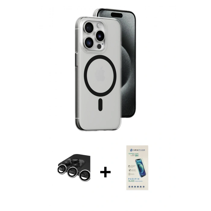 MARSİLYAN™- iPhone 15 Pro Kılıf Odak Form Özel Seri - Şeffaf Pasifik Cam Ekran Koruyucu + Raze Metal Kamera Lens - GS