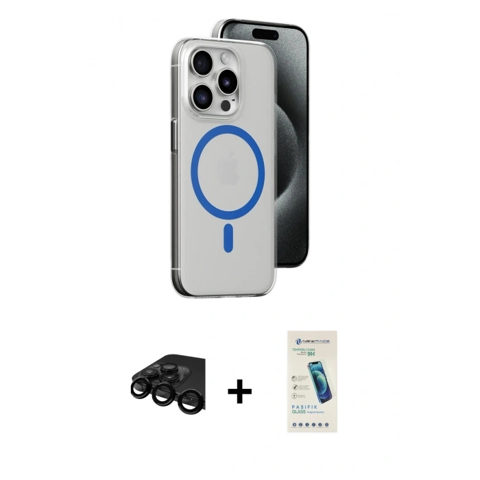 MARSİLYAN™- iPhone 15 Pro Kılıf Odak Form Özel Seri - Şeffaf Pasifik Cam Ekran Koruyucu + Raze Metal Kamera Lens - SH