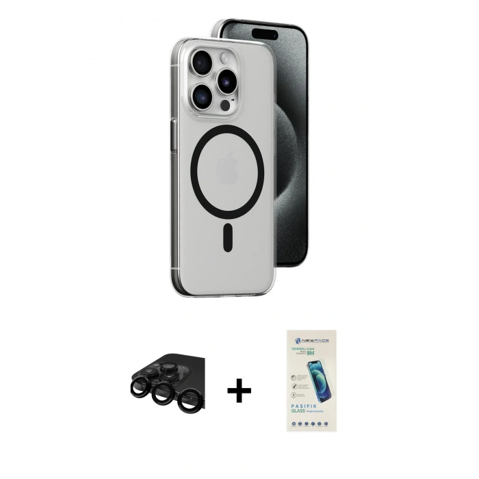 MARSİLYAN™- iPhone 15 Pro Kılıf Odak Form Özel Seri - Şeffaf Pasifik Cam Ekran Koruyucu + Raze Metal Kamera Lens - SH