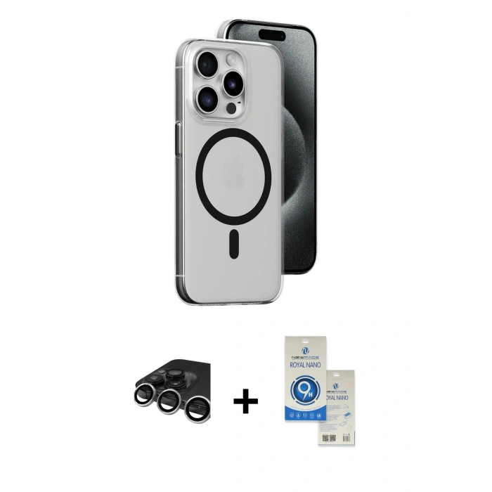 MARSİLYAN™- iPhone 15 Pro Kılıf Odak Form Özel Seri - Şeffaf Royal Nano Ekran Koruyucu + Raze Metal Kamera Lens - GS