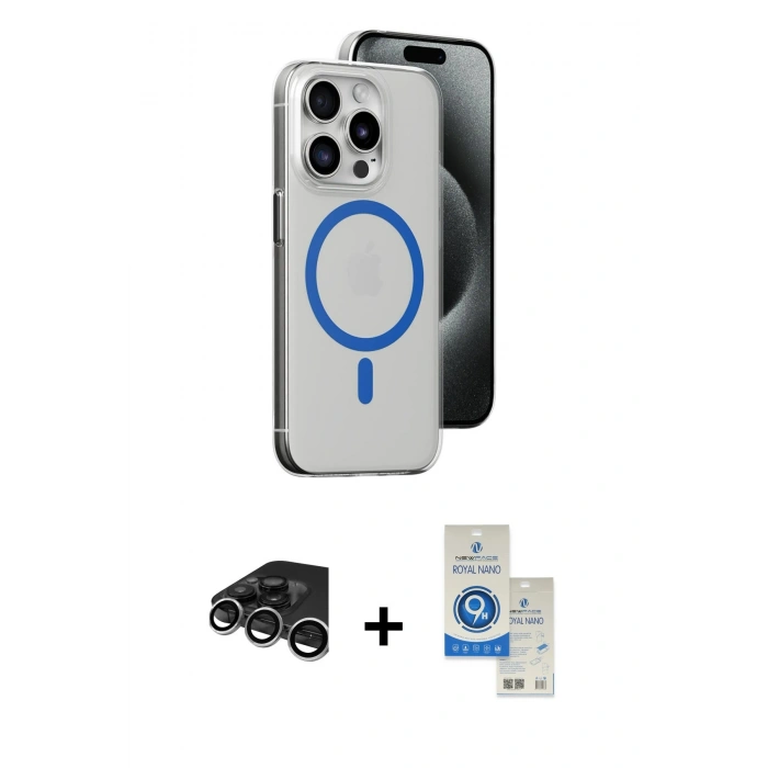 MARSİLYAN™- iPhone 15 Pro Kılıf Odak Form Özel Seri - Şeffaf Royal Nano Ekran Koruyucu + Raze Metal Kamera Lens - GS