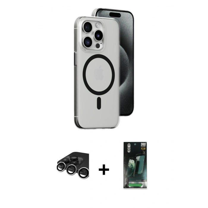 MARSİLYAN™- iPhone 15 Pro Kılıf Odak Form Özel Seri - Siyah 360 Mat Full Body Arka Koruyucu + Raze Metal Kamera Lens - GS