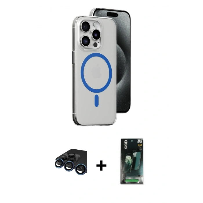 MARSİLYAN™- iPhone 15 Pro Kılıf Odak Form Özel Seri - Siyah 360 Mat Full Body Arka Koruyucu + Raze Metal Kamera Lens - LT