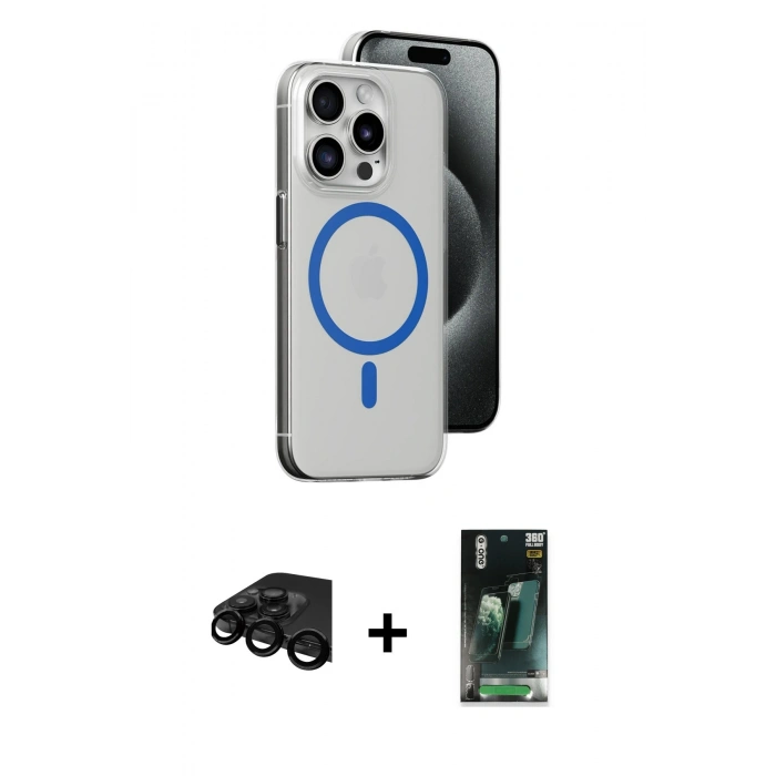 MARSİLYAN™- iPhone 15 Pro Kılıf Odak Form Özel Seri - Siyah 360 Mat Full Body Arka Koruyucu + Raze Metal Kamera Lens - SH