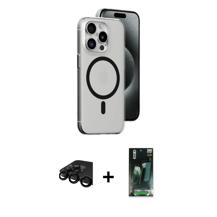 MARSİLYAN™- iPhone 15 Pro Kılıf Odak Form Özel Seri - Siyah 360 Mat Full Body Arka Koruyucu + Raze Metal Kamera Lens - SH