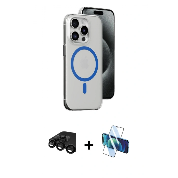 MARSİLYAN™- iPhone 15 Pro Kılıf Odak Form Özel Seri - Siyah 3D Antistatik Cam Ekran Koruyucu + Raze Metal Kamera Lens - SH