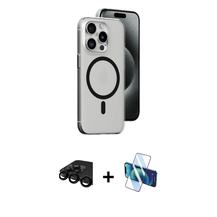 MARSİLYAN™- iPhone 15 Pro Kılıf Odak Form Özel Seri - Siyah 3D Antistatik Cam Ekran Koruyucu + Raze Metal Kamera Lens - SH