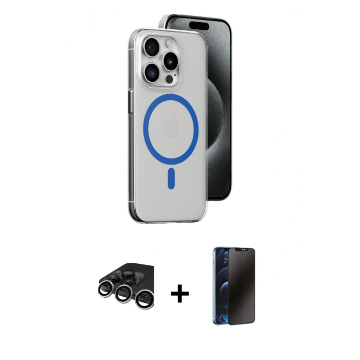 MARSİLYAN™- iPhone 15 Pro Kılıf Odak Form Özel Seri - Siyah 3D Antistatik Hayalet Cam Ekran Koruyucu + Raze Metal Kamera Lens - GS