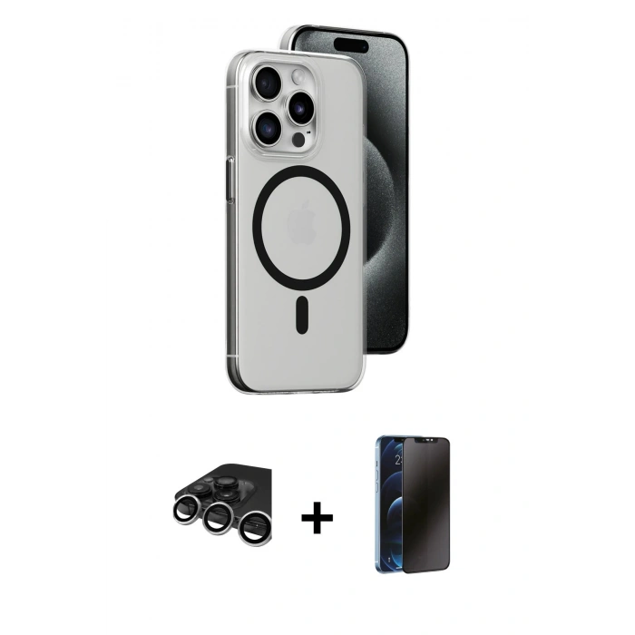 MARSİLYAN™- iPhone 15 Pro Kılıf Odak Form Özel Seri - Siyah 3D Antistatik Hayalet Cam Ekran Koruyucu + Raze Metal Kamera Lens - GS