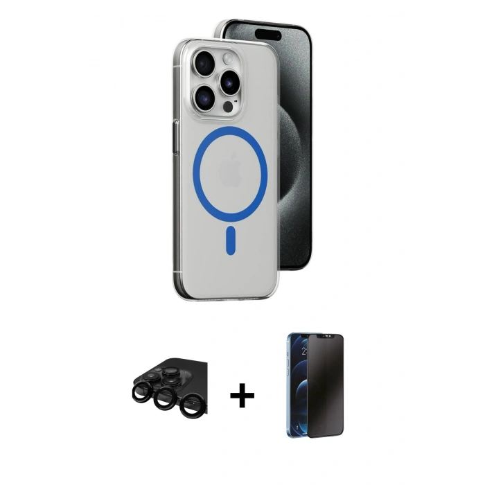 MARSİLYAN™- iPhone 15 Pro Kılıf Odak Form Özel Seri - Siyah 3D Antistatik Hayalet Cam Ekran Koruyucu + Raze Metal Kamera Lens - SH