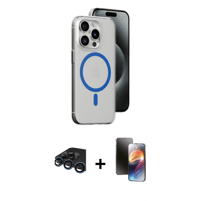 MARSİLYAN™- iPhone 15 Pro Kılıf Odak Form Özel Seri - Siyah 3D Antistatik Mat Seramik Nano Ekran Koruyucu + Raze Metal Kamera Lens - LT
