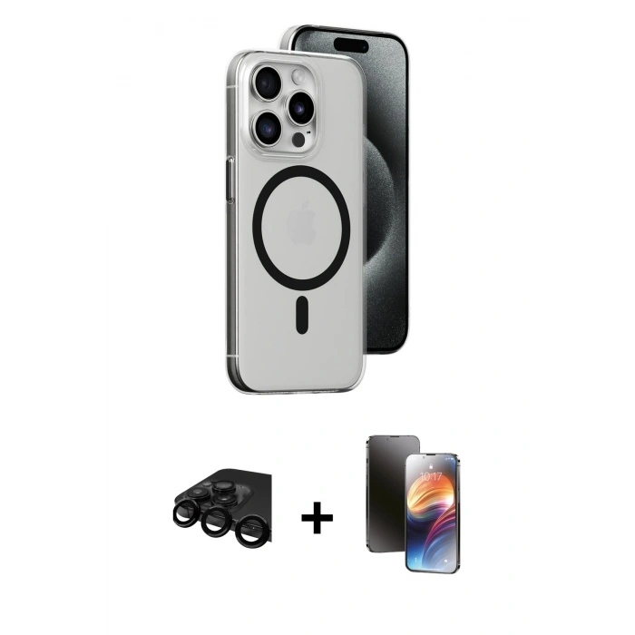 MARSİLYAN™- iPhone 15 Pro Kılıf Odak Form Özel Seri - Siyah 3D Antistatik Mat Seramik Nano Ekran Koruyucu + Raze Metal Kamera Lens - SH