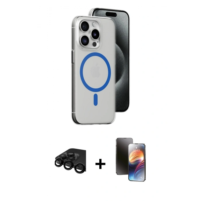 MARSİLYAN™- iPhone 15 Pro Kılıf Odak Form Özel Seri - Siyah 3D Antistatik Mat Seramik Nano Ekran Koruyucu + Raze Metal Kamera Lens - SH