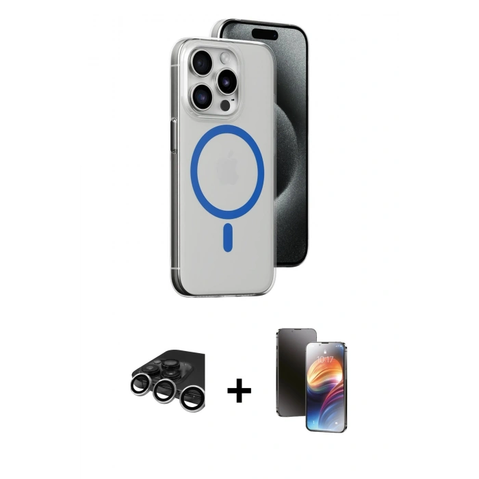 MARSİLYAN™- iPhone 15 Pro Kılıf Odak Form Özel Seri - Siyah 3D Antistatik Mat Seramik Nano Ekran Koruyucu + Raze Metal Kamera Lens - GS