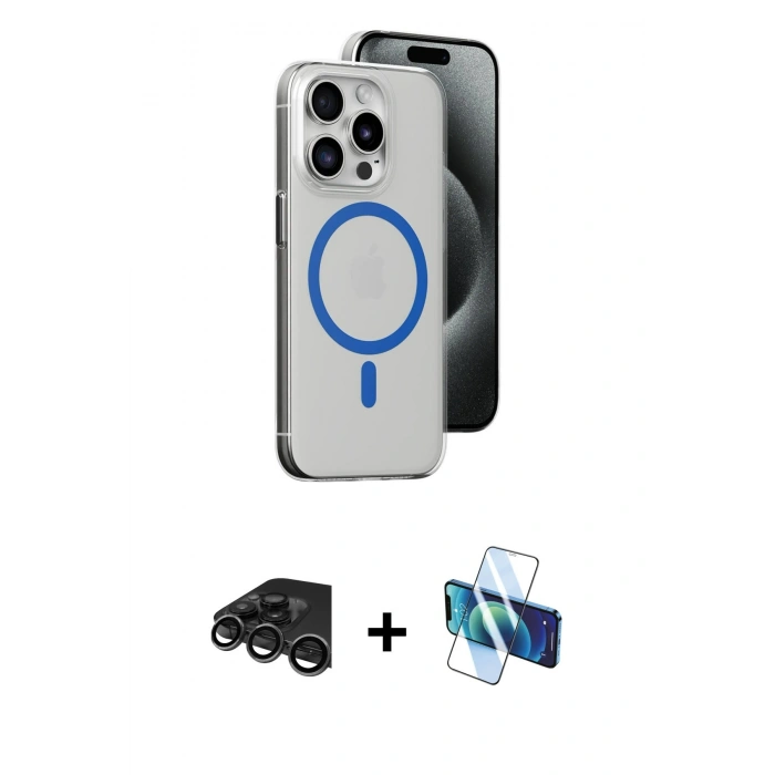 MARSİLYAN™- iPhone 15 Pro Kılıf Odak Form Özel Seri - Siyah 3D Antistatik Seramik Nano Ekran Koruyucu + Raze Metal Kamera Lens - TMGI