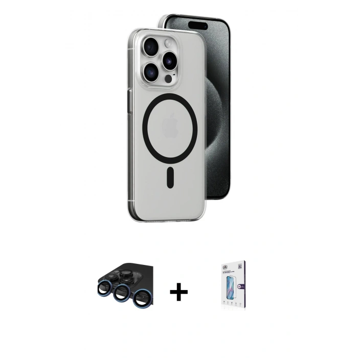 MARSİLYAN™- iPhone 15 Pro Kılıf Odak Form Özel Seri - Siyah Bilvis 0.18mm Plus Cam Ekran Koruyucu + Raze Metal Kamera Lens - LT