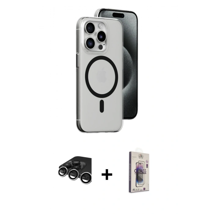 MARSİLYAN™- iPhone 15 Pro Kılıf Odak Form Özel Seri - Siyah Bilvis 3D Cam Ekran Koruyucu + Gümüş Raze Metal Kamera Lens