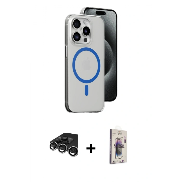MARSİLYAN™- iPhone 15 Pro Kılıf Odak Form Özel Seri - Siyah Bilvis 3D Cam Ekran Koruyucu + Gümüş Raze Metal Kamera Lens