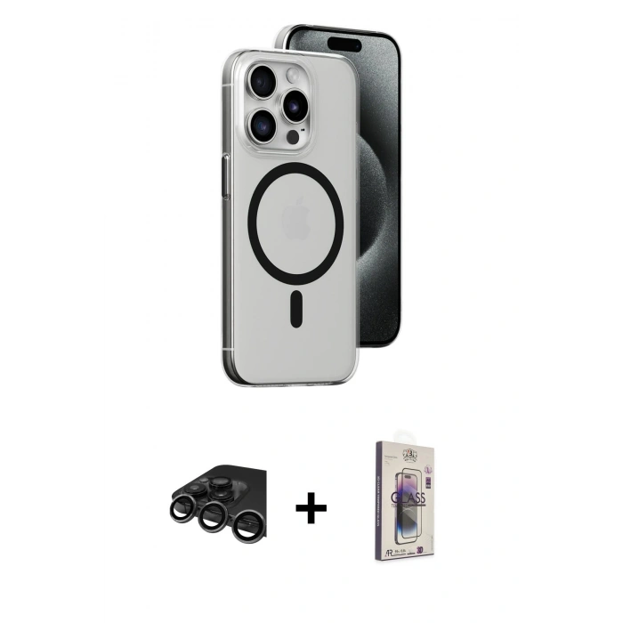 MARSİLYAN™- iPhone 15 Pro Kılıf Odak Form Özel Seri - Siyah Bilvis 3D Cam Ekran Koruyucu + Raze Metal Kamera Lens - TMGI