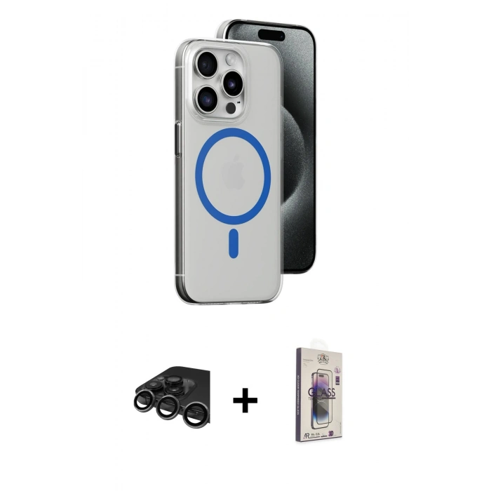 MARSİLYAN™- iPhone 15 Pro Kılıf Odak Form Özel Seri - Siyah Bilvis 3D Cam Ekran Koruyucu + Raze Metal Kamera Lens - TMGI