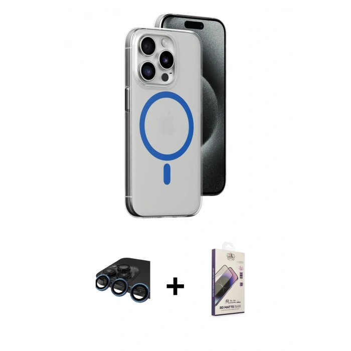 MARSİLYAN™- iPhone 15 Pro Kılıf Odak Form Özel Seri - Siyah Bilvis 3D Mat Cam Ekran Koruyucu + Raze Metal Kamera Lens - LT