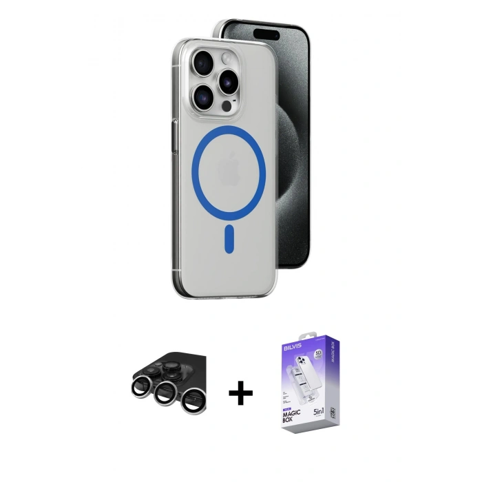 MARSİLYAN™- iPhone 15 Pro Kılıf Odak Form Özel Seri - Siyah Bilvis 5in1 3D Magic Cam Ekran Koruyucu + Raze Metal Kamera Lens - GS