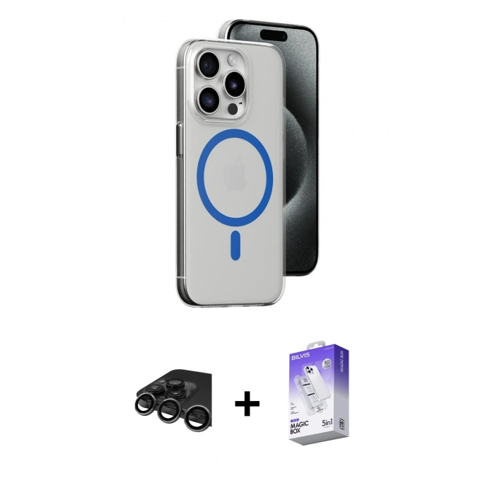 MARSİLYAN™- iPhone 15 Pro Kılıf Odak Form Özel Seri - Siyah Bilvis 5in1 3D Magic Cam Ekran Koruyucu + Titanyum Gri Raze Metal Kamera Lens
