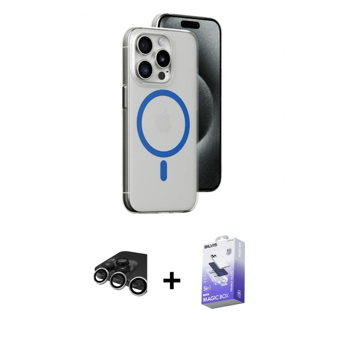MARSİLYAN™- iPhone 15 Pro Kılıf Odak Form Özel Seri - Siyah Bilvis 5in1 5D Magic Hayalet Cam Ekran Koruyucu + Raze Metal Kamera Lens - GS
