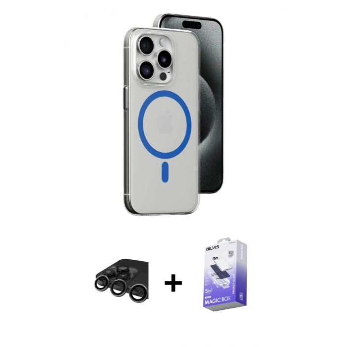 MARSİLYAN™- iPhone 15 Pro Kılıf Odak Form Özel Seri - Siyah Bilvis 5in1 5D Magic Hayalet Cam Ekran Koruyucu + Raze Metal Kamera Lens - TMGI