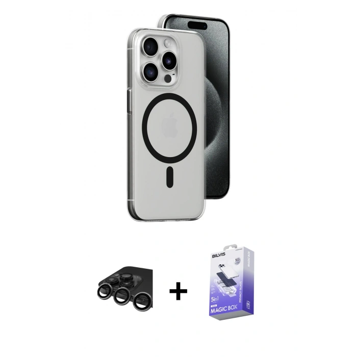 MARSİLYAN™- iPhone 15 Pro Kılıf Odak Form Özel Seri - Siyah Bilvis 5in1 5D Magic Hayalet Cam Ekran Koruyucu + Raze Metal Kamera Lens - TMGI