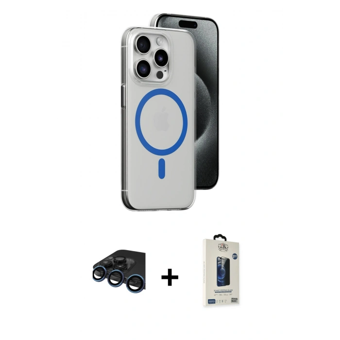 MARSİLYAN™- iPhone 15 Pro Kılıf Odak Form Özel Seri - Siyah Bilvis Hayalet Cam Ekran Koruyucu + Raze Metal Kamera Lens - LT