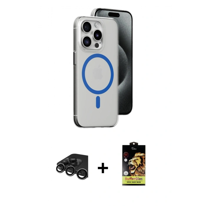 MARSİLYAN™- iPhone 15 Pro Kılıf Odak Form Özel Seri - Siyah Buffer Cam Ekran Koruyucu + Raze Metal Kamera Lens - TMGI