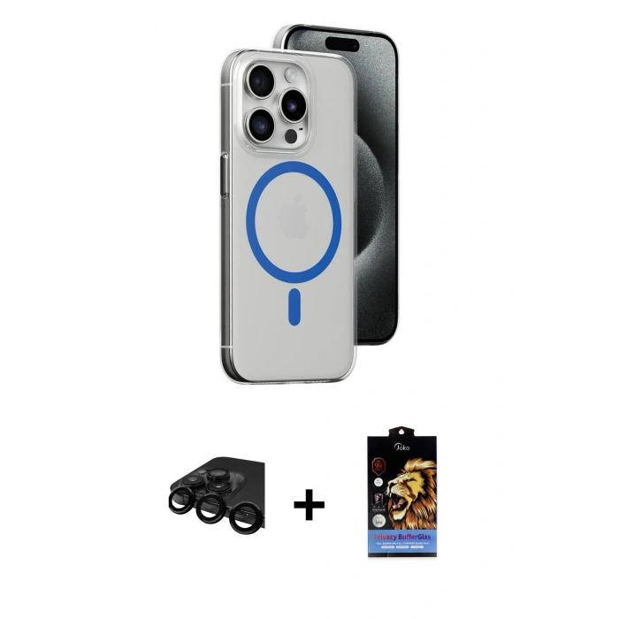 MARSİLYAN™- iPhone 15 Pro Kılıf Odak Form Özel Seri - Siyah Buffer Hayalet Cam Ekran Koruyucu + Raze Metal Kamera Lens - SH