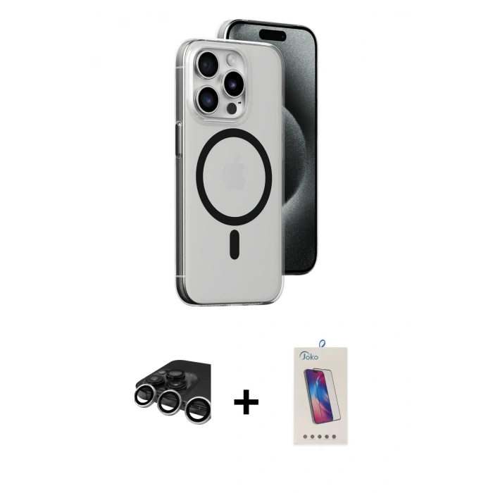 MARSİLYAN™- iPhone 15 Pro Kılıf Odak Form Özel Seri - Siyah Joko 5D Cam + Raze Metal Kamera Lens - GS